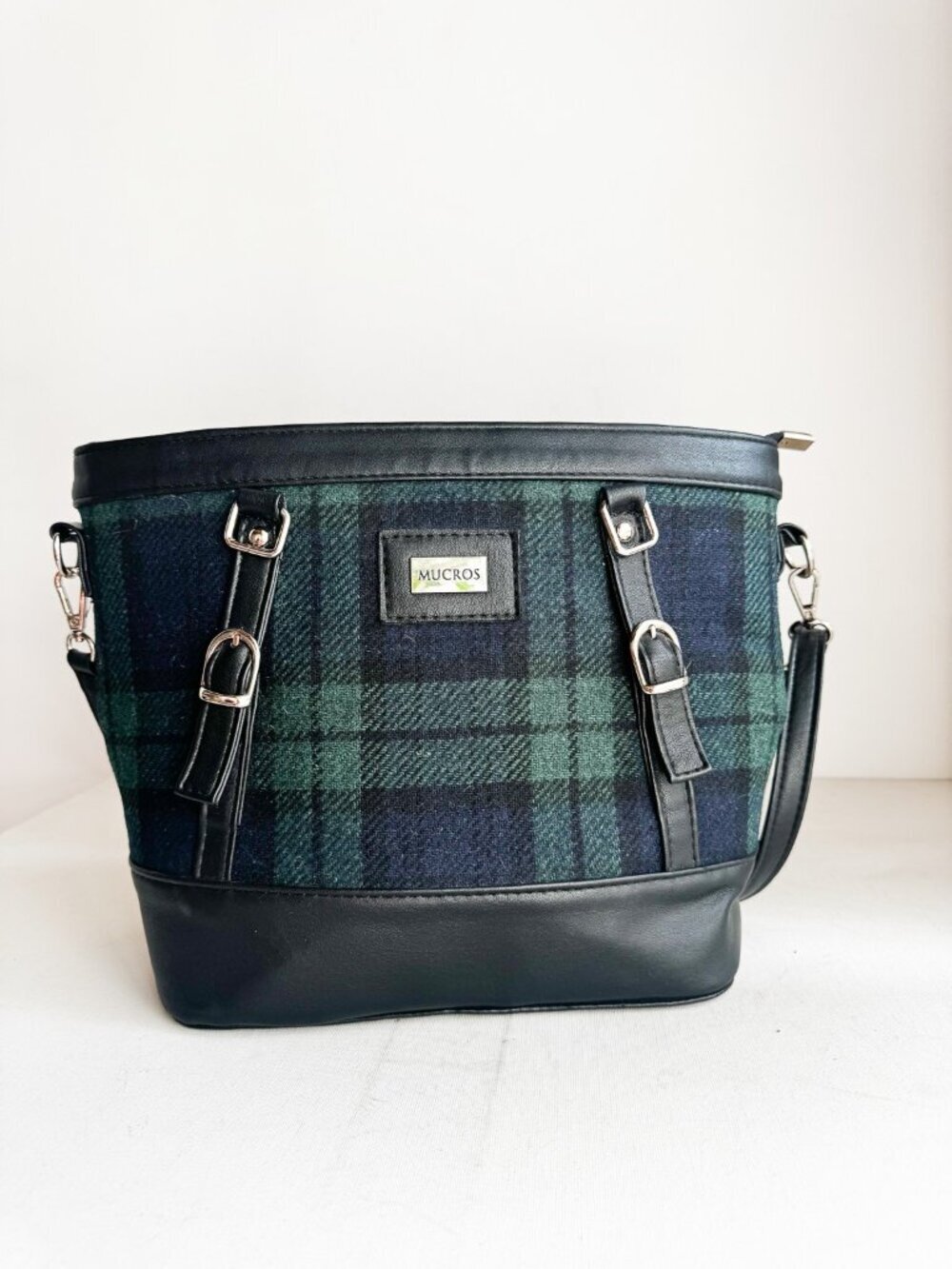 Mucros Kelly Plaid Tweed Wool Bag Green Blue